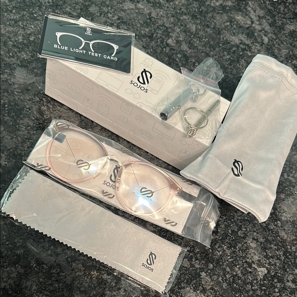 Sojos Anti Blue Light Glasses Light Pink Round Frame Carry Case & More NIB NWT